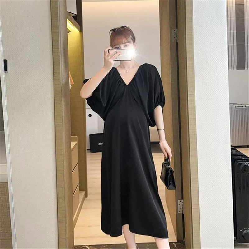 

Maternity Dress V-Neck Bubble Sleeves Pregnant Women Skirt Mid Calf Summer White/Black