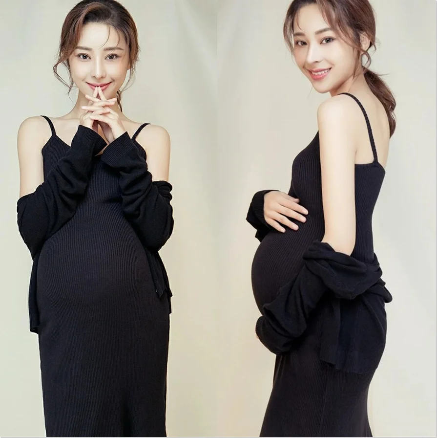 

New Maternity Photo Clothing Photo Studio Photography a Sexy Black Knitted Split Suspender Dress Maternity Photo Clothing M001