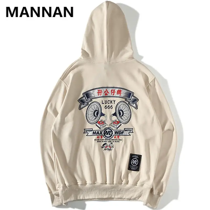 MANNAN симфония вышитые толстовки с капюшоном Мужские Осень Harajuku Уличная Повседневная хлопковая пуловер Модные толстовки - Цвет: Beige