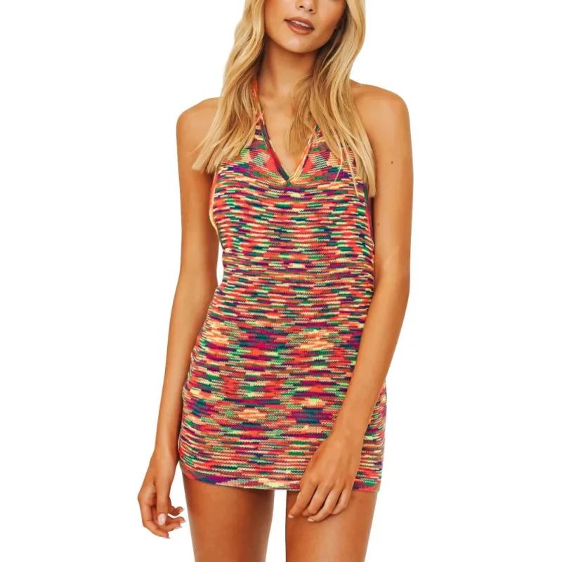 

Summer Rainbow Color Knit Dress Women Backless Beach Wear Gradient Dress Mini Dress Bodycon Female Vestidos