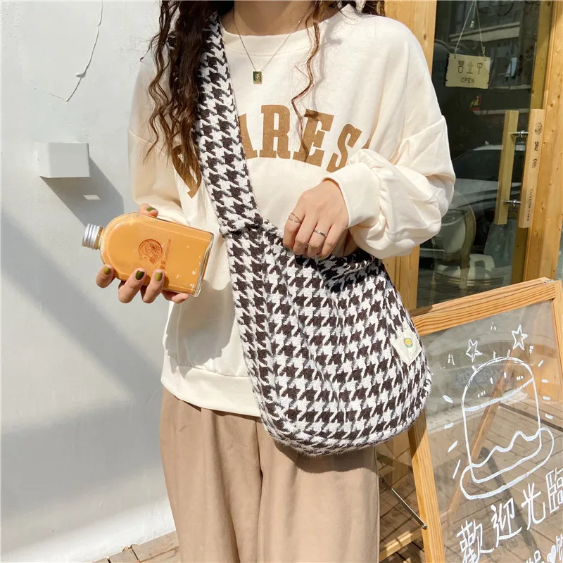 

Women Woolen Cloth Shoulder Bag 2021 New Houndstooth Cotton Handbag Large Capacity Students Books Bag Eco Reusable Shopper Bags