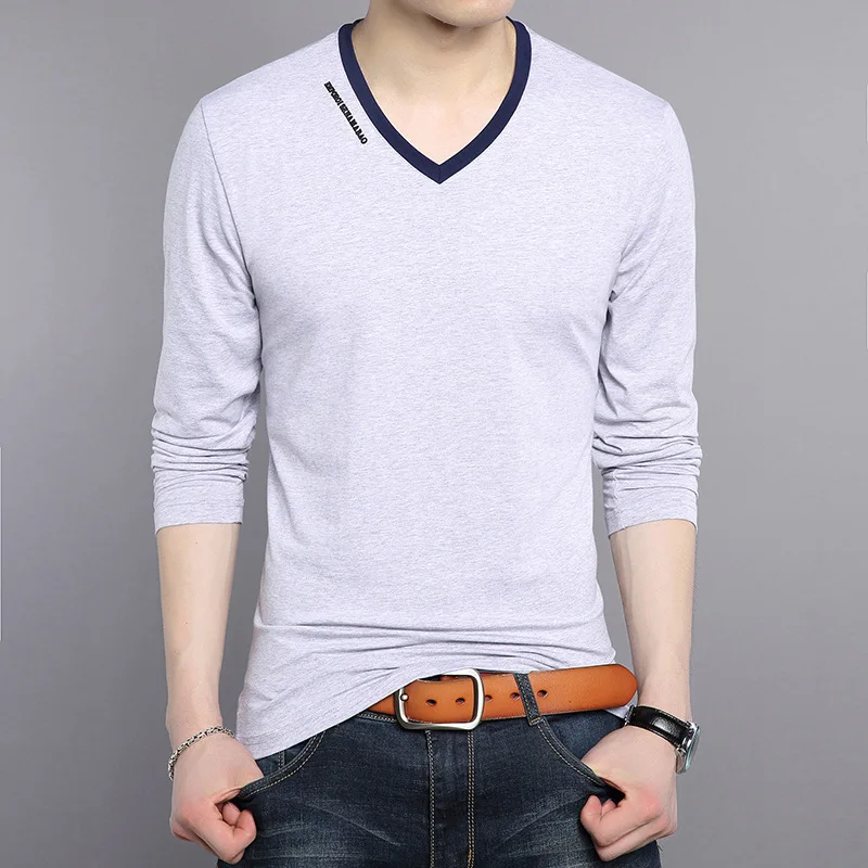 

T Shirts New Casual Men Spring and Autumn New Fashion Tops Youth Long-sleeved Casual V-neck Men's T-shirt Cotton Solid Shirt