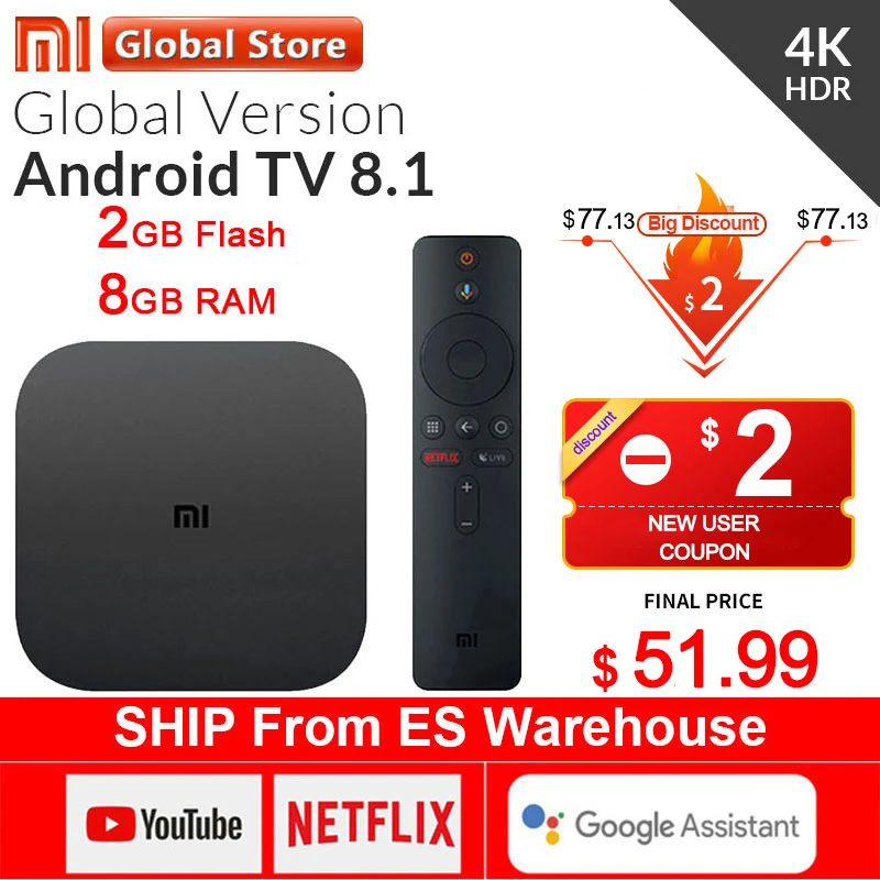 Оригинальная глобальная ТВ-приставка Xiaomi Mi S 4K HDR Android TV 8 1 Ultra HD 2G 8G WIFI Google Cast Netflix IPTV