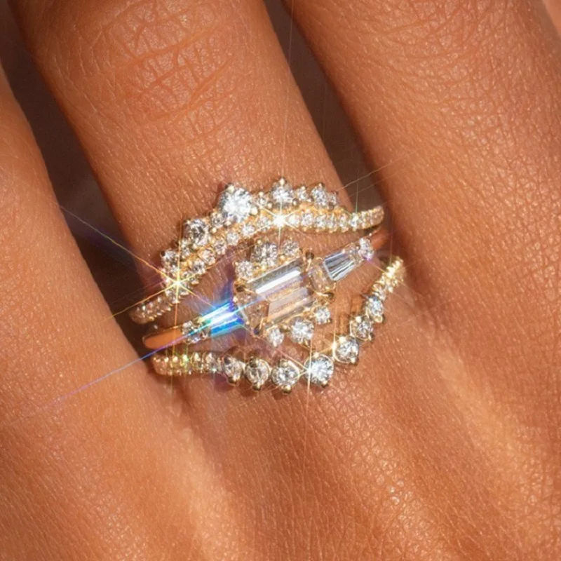 

3pcs/set Zircon Rings For Women Couple Luxurious Round Ring Wedding Band Female Rings Wedding Engagement Party Jewelry Love Gift