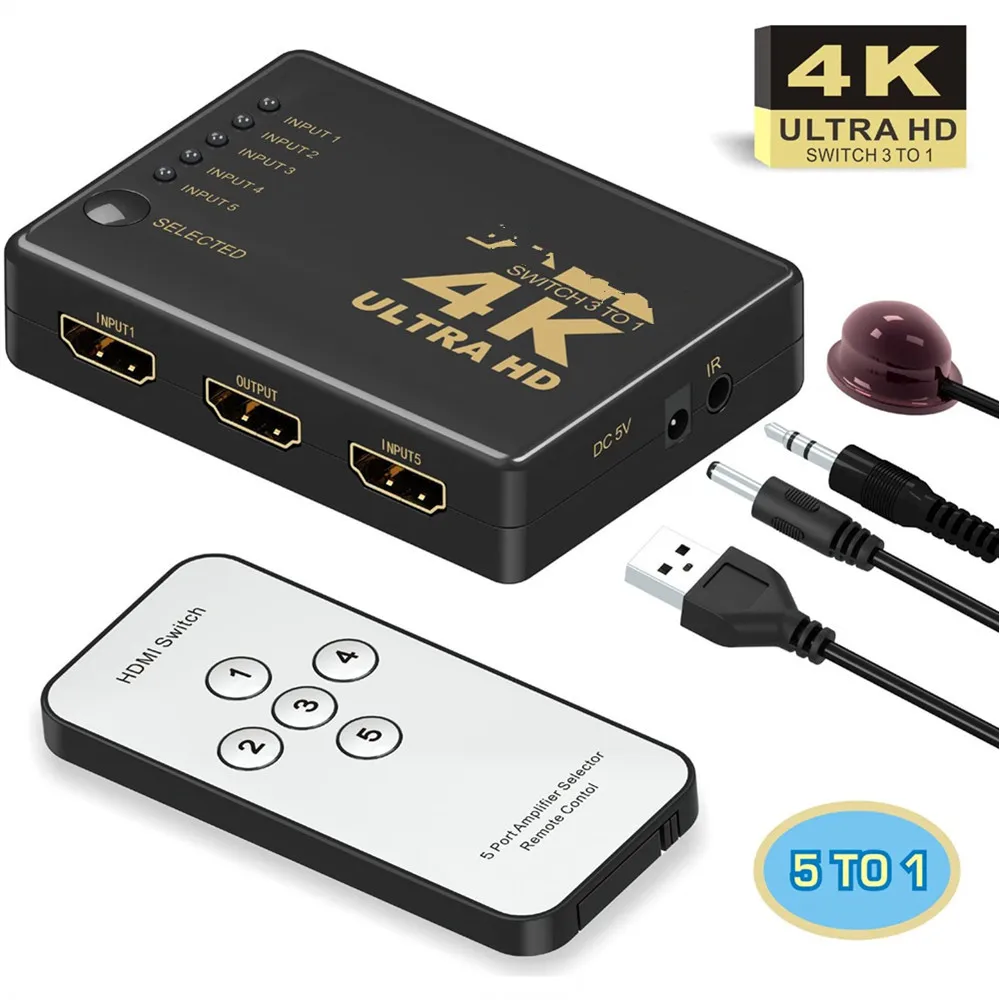 5 In1Mini совместимому с HDMI переключатель 3in1 4KX2K HD1080P сплиттер концентратор ИК пульт
