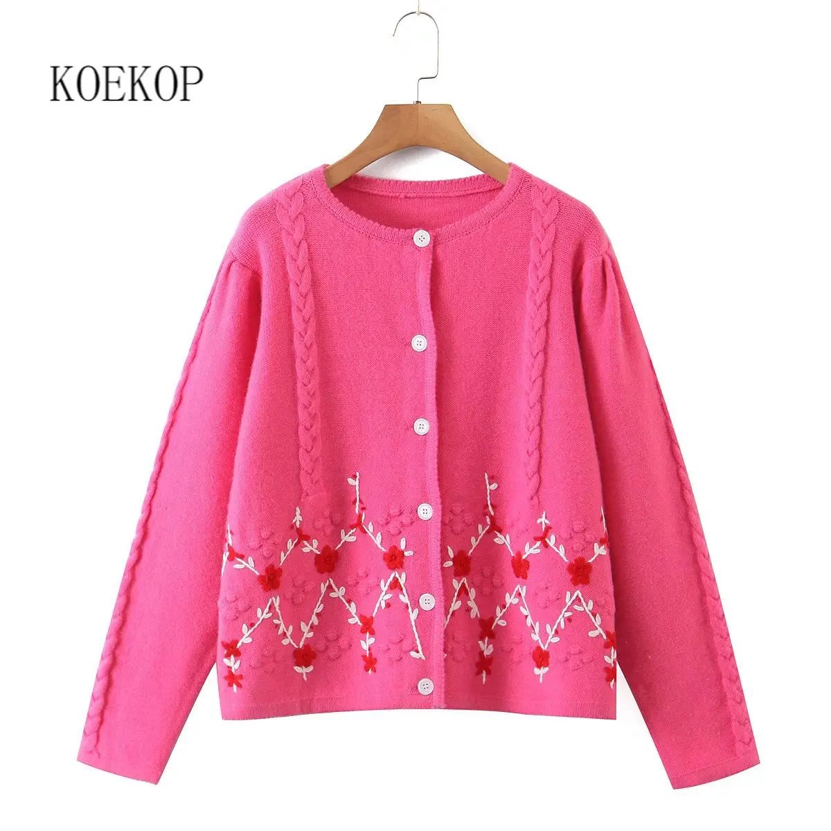 

Koekop Women Fashion Jacquard Single Breasted Knitted Cardigan Casual Long Sleeves O-Neck Female Knit Sweater Chic Tops