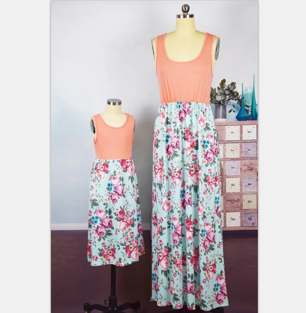 

Mother and kids family matching outfits New Fashion Printed Patchwork Long Dress Mommy daughter dresses mum and me clothes