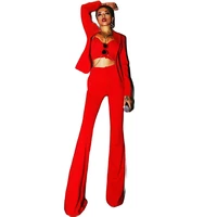 fashion red bra bell bottomed pants long sleeve blazer casual three piece suit evening prom party outfit nightclub costumes
