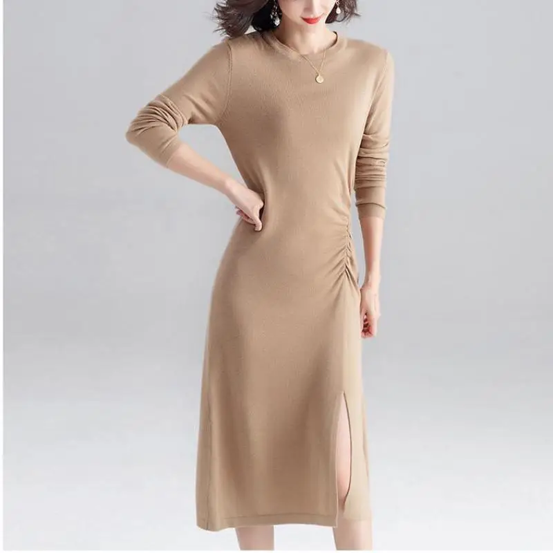 2019 осень зима офисное женское облегающее трикотажное платье с круглым вырезом