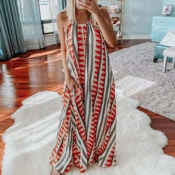 

Summer Sexy Halter Dress for Women Sleeveless Stripe Printed Maxi Dress 2021 Elegant Beach Party Long Dress Casual Robe Vestido