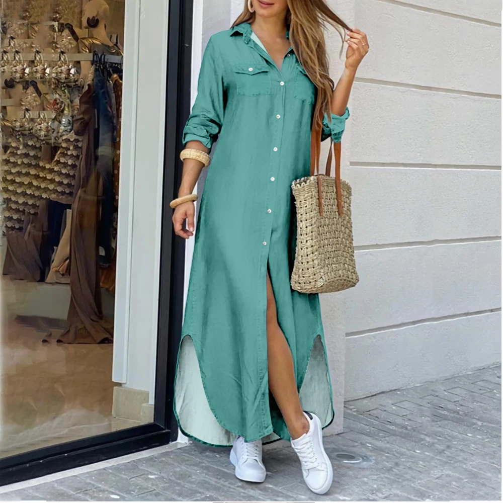 

Cross-border women's lapel shirt dress solid color pattern printing fashion collection
