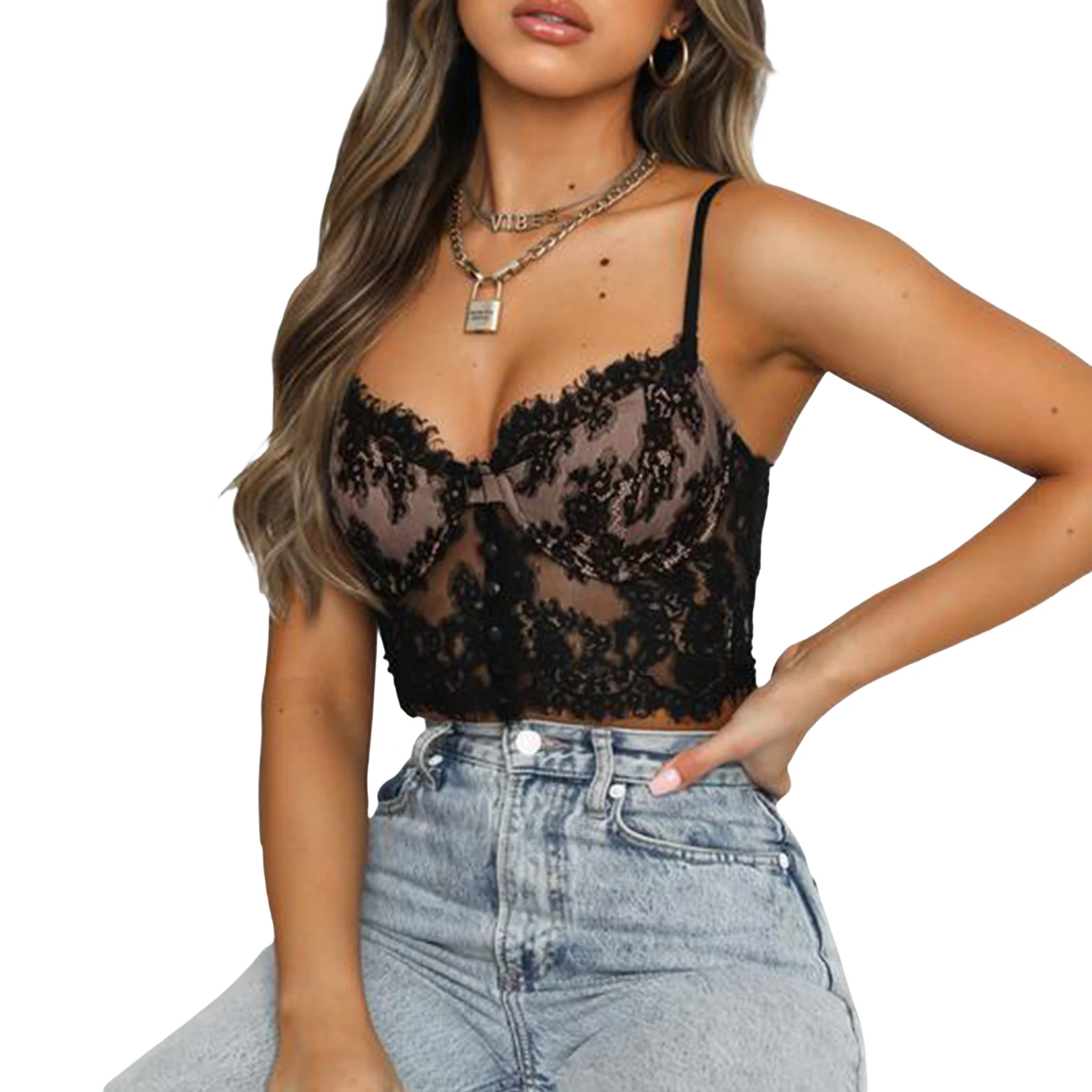 

Women Sexy Perspective Lace Bra Solid Backless Suspender Body Shaping Lace Back Hallow Out Camisole Summer Sling Top