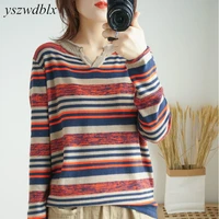 yszwdblx fashion women sweater korean loose cotton pullovers stripe jumpers spring autumn 2022 basic shirt v neck pull sweater