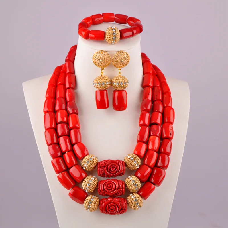 Африканские Бусины красный коралл ювелирные наборы Нигерия Свадебные украшения