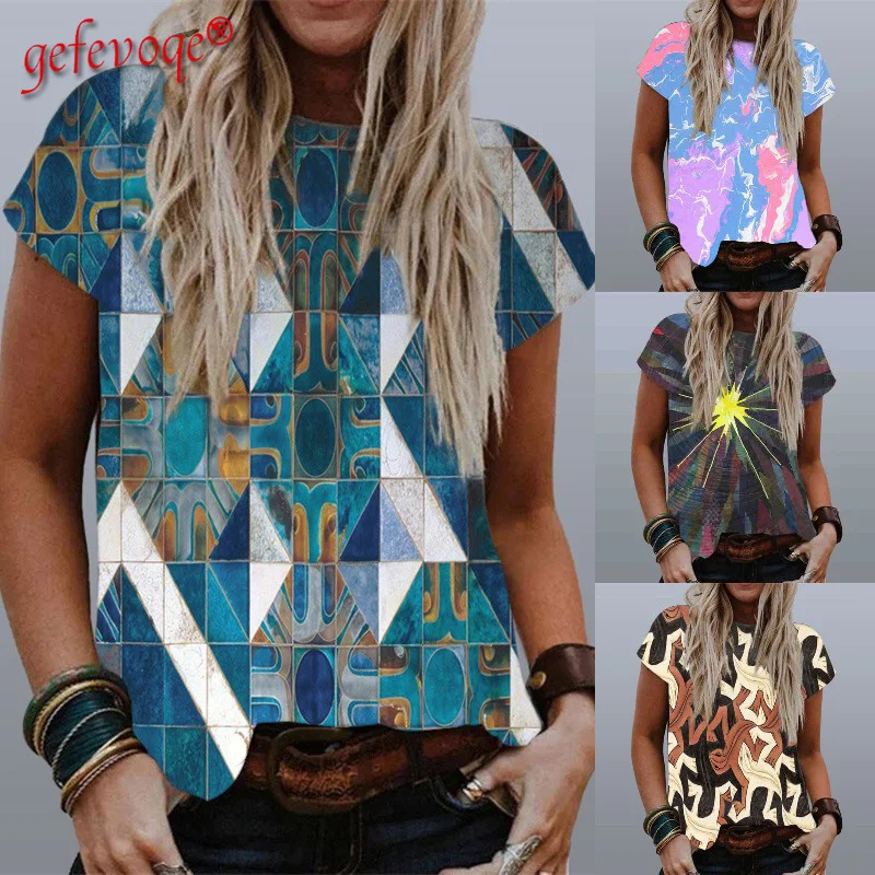 

Summer Women Camo Printing Tops Loose Short Sleeve O-neck T Shirt Lady Fashion Plus Size TShirt Femme Retro Women's Clothing