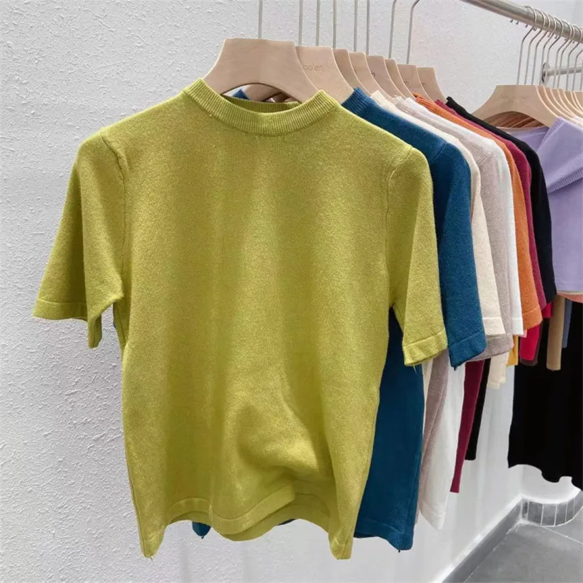 

Summer Short Sleeve Thin Knitted T Shirt Women O-Neck Solid Elegant T-Shirt Female Knitwear Pullover Tee Shirt Femme