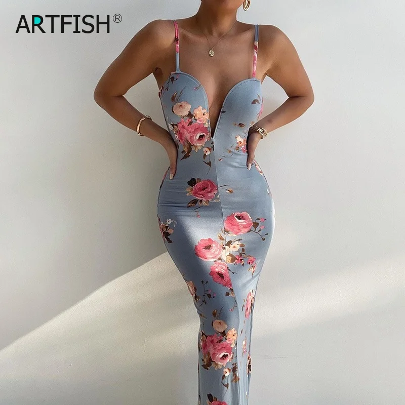 

Back Split Hip Slim Pencil Dress Women Shoulder Straps Banquet Evening Party Dress Elegant Sexy Floral Print Sleeveless M0505