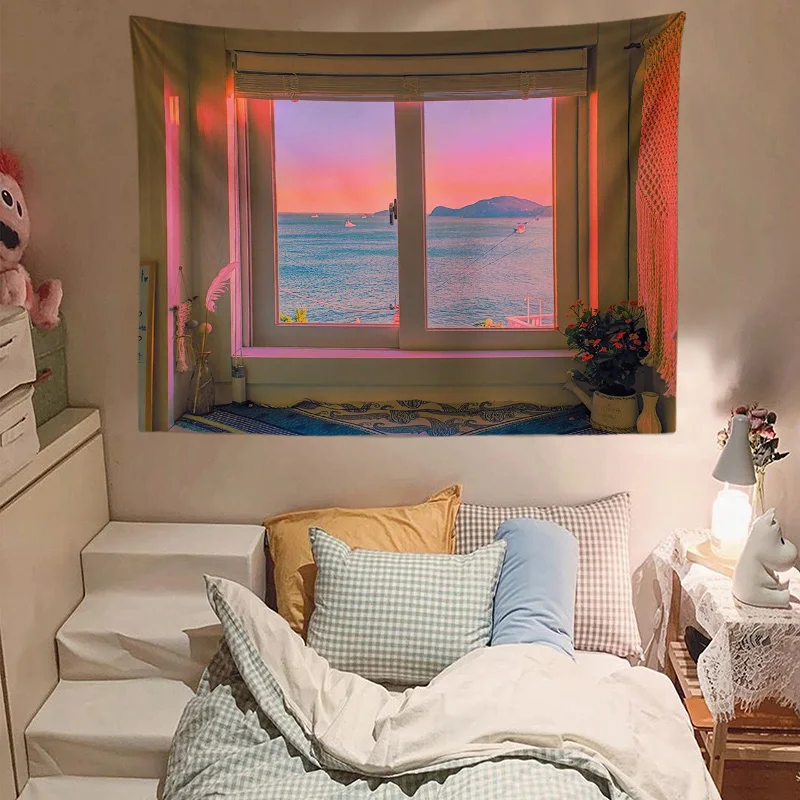 

Nordic 3D Wall Tapestry Seascape Sunset Background Cloth Home Decoration Hanging Fabric Blanket Dormitory Bedroom Large Curtain