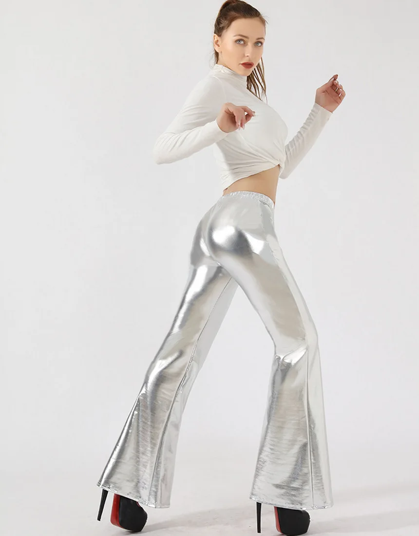 Women Shiny Metallic Flare Leggings Pants Sexy High Waisted Bell Bottom Pants Stretch 70s Disco Yoga Trousers Party Pants ouc130