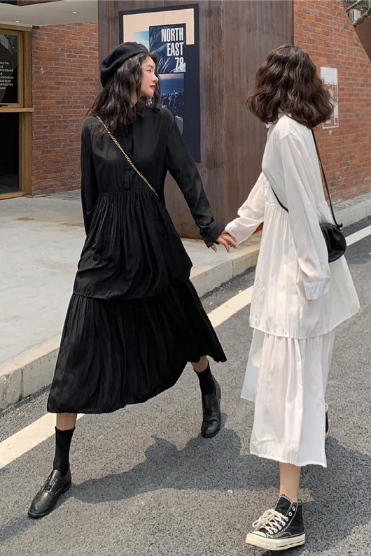 EAD 2020 spring new shirt dress female Korean temperament Slim loose waist lapel long sleeve chiffon black white | Женская одежда