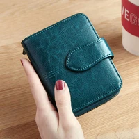 billfold oil wax genuine leather wallets women short mini clutch purse soild coin pocket credit card holder cowhide bag