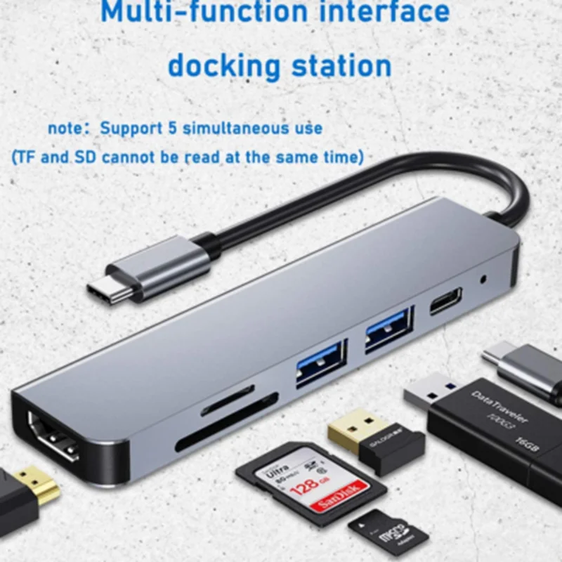 

Док-станция USB Type-C, адаптер 3,0, 6 в 1, HDMI, SD/TF