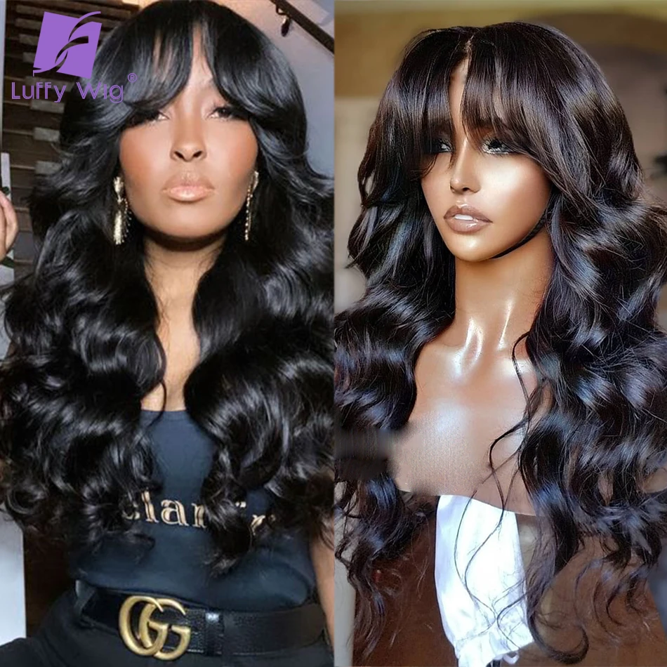 

200 Density Wig Human Hair Wigs With Bangs Brazilian Remy Human Hair Machine Made O Scalp Top Wig Wavy For Black Women Luffywig