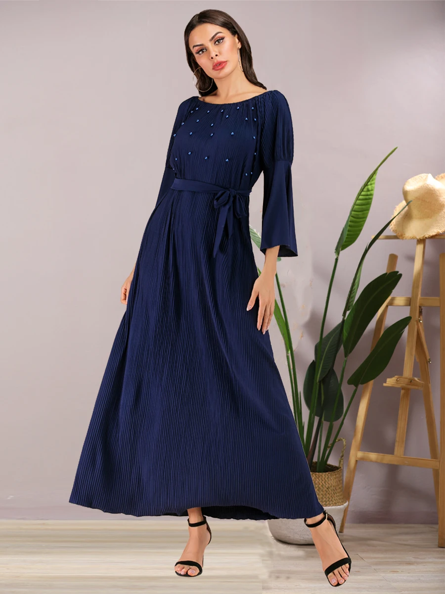 

Women's Kaftan Dress Beading Solid Color Flare Sleeve Elegant Maxi Dress DR618