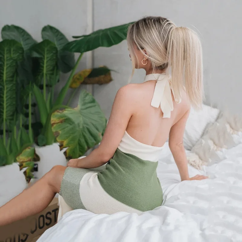 

Y2K Knit Bodycon Dress Women Sleeveless 2021 Summer Beach Turtleneck Print Patchwork Sexy Party Mini Dresses 90S Holiday SS996
