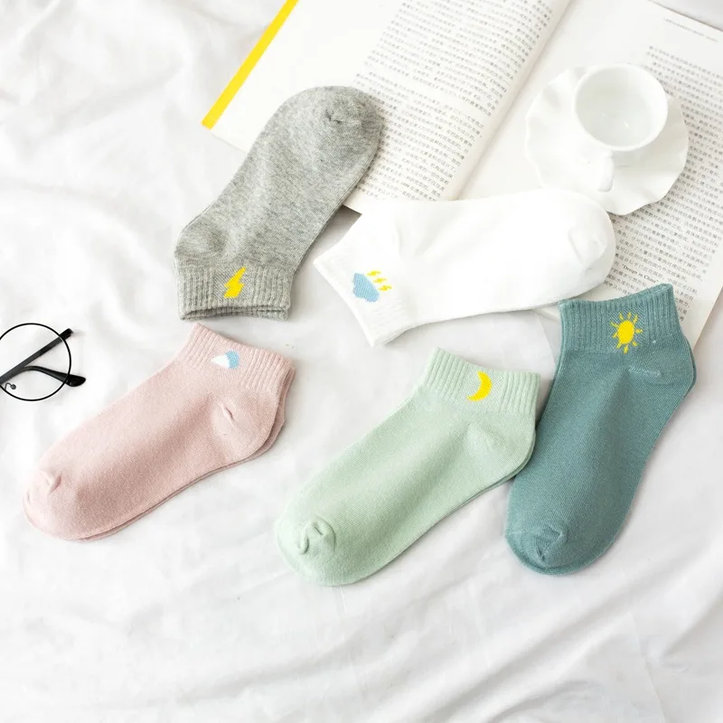 

new fashion Korean women sport style Boat socks funny sun moon lightning pattern cotton socks cartoon weather Short socks