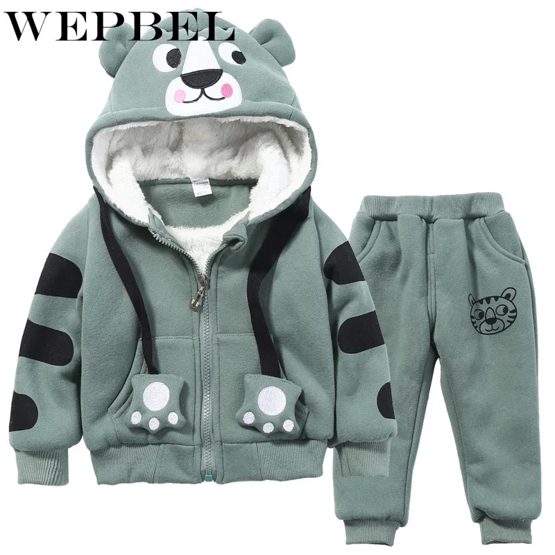 WEPBEL Cute Boys Girls Cartoon Tigers Clothing Suits Baby Plus Velvet Hoodies Pants 2Pcs Sets Kids Toddler Winter Sports Clothes | Детская