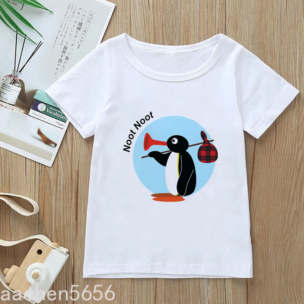

2022 New Cute Girls Clothes Europe Pop Cartoon Penguin Pingu Print T-shirt Summer Casual Fashion Children's Clothing Kids Top