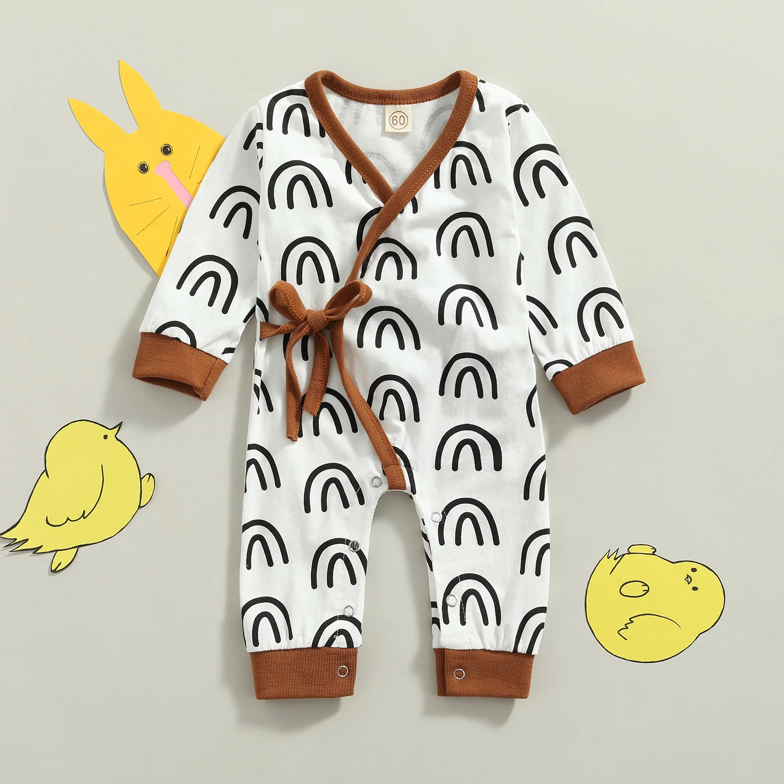 

Детский Повседневный Комбинезон pudcoco u2019 с длинным рукавом, модный длинный комбинезон с радужным принтом, V-образным вырезом и завязкой