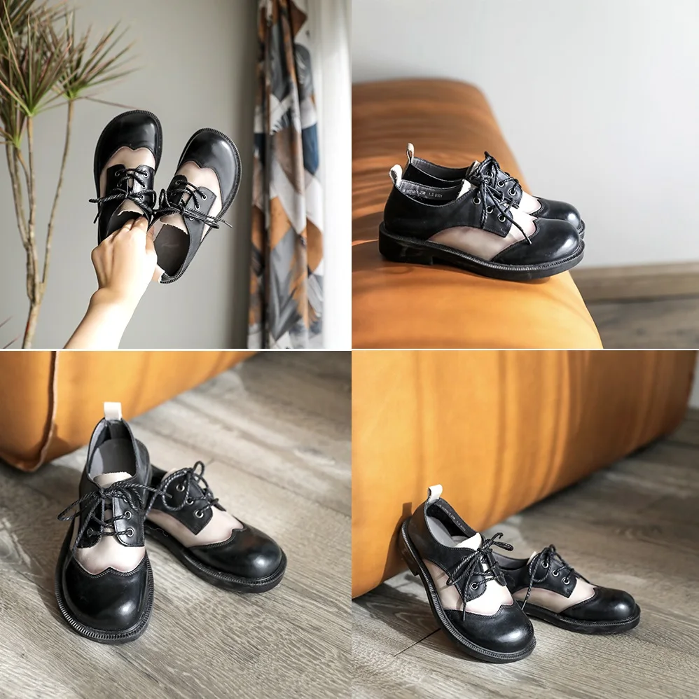 Harga Sepatu Desainer 2021 Sepatu Oxford Bertali Sepatu Kulit Buatan Tangan Retro Blok Warna Coklat/Hitam