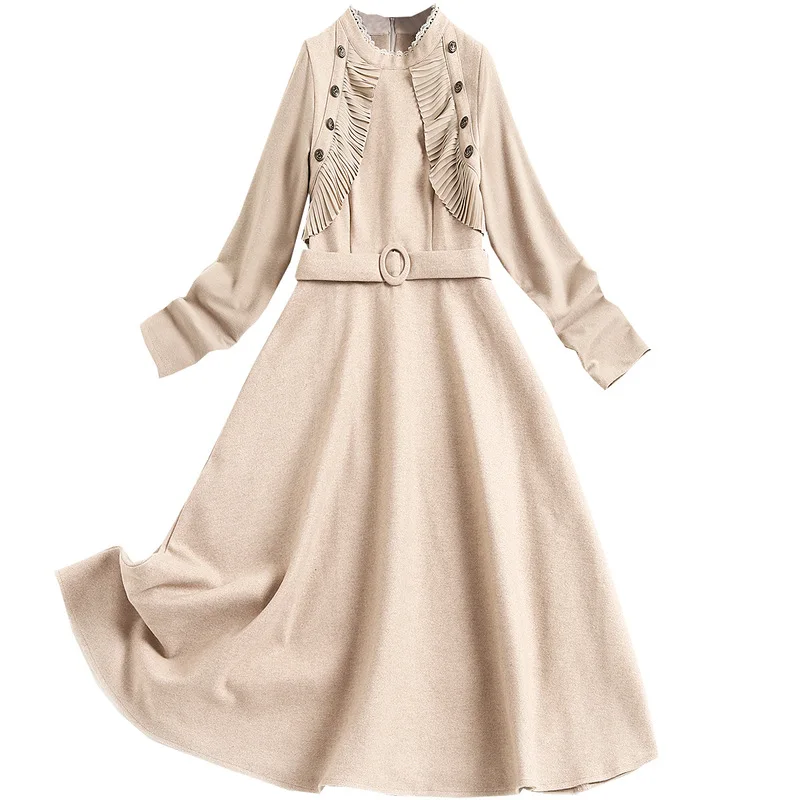 

2020 Fashion Design Woolen Dress Trendy Lady Office Lace O Neck Ruffles Buttons Winter Basic Clothing Elegent Long Skirt Women