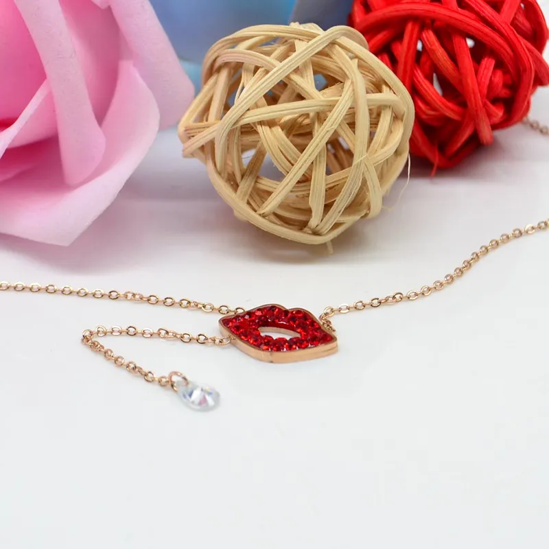 

Zircon Red lips Stainless Steel Choker Necklace pendant necklace Women Girls Fashion Jewelry