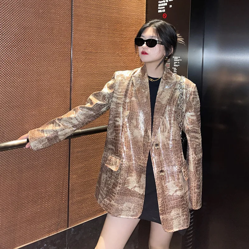 

Универсальный блестящий коричневый пиджак из искусственной кожи с крокодиловым узором женский пиджак с длинным рукавом Модный повседневный женский халат Chaquetas