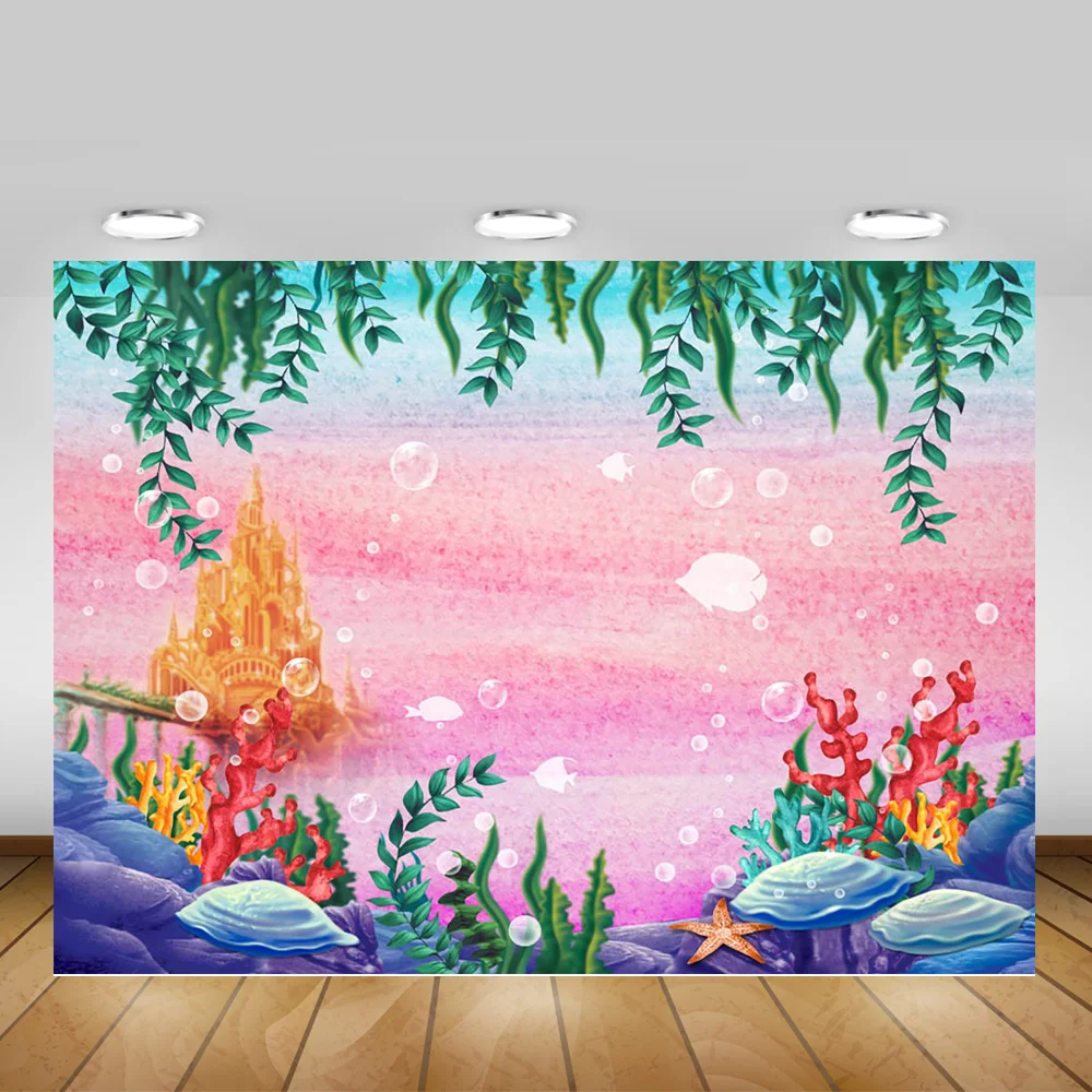 

Вечерние Розовые фоны с изображением русалки под водой для фотосъемки детей на день рождения с изображением золотого замка кораллового цве...
