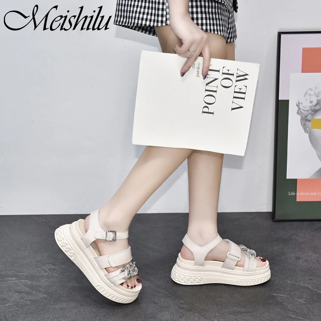 

Meishilu 2021 Summer Chunky Sandals For Women Beach Casual Shoes Genuine Leather Platform Flats Ankle Buckle Straps Ladies