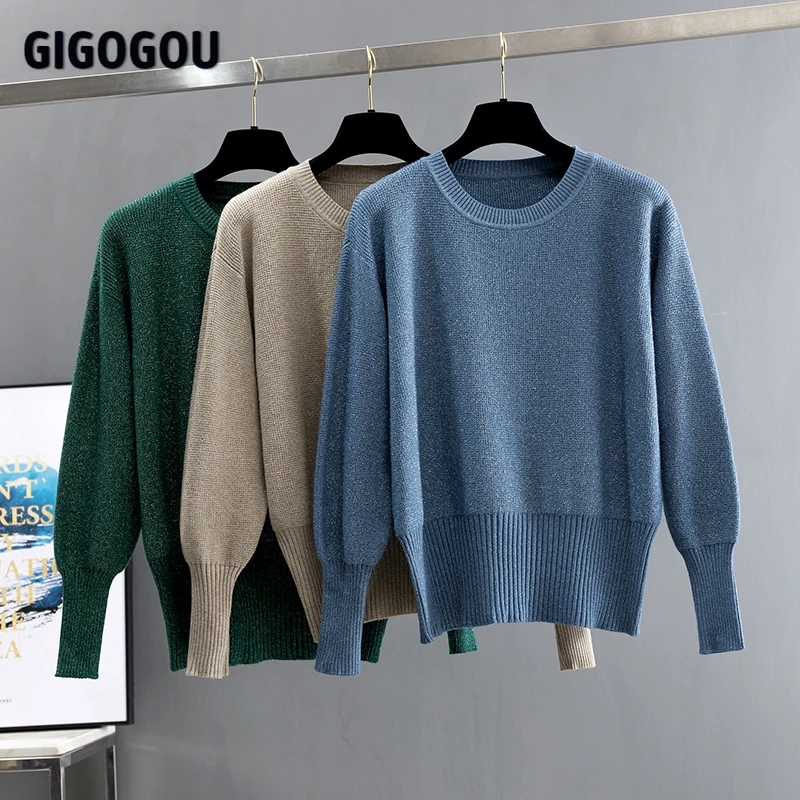 Свитер женский трикотажный с люрексом длинными рукавами-фонариками и круглым