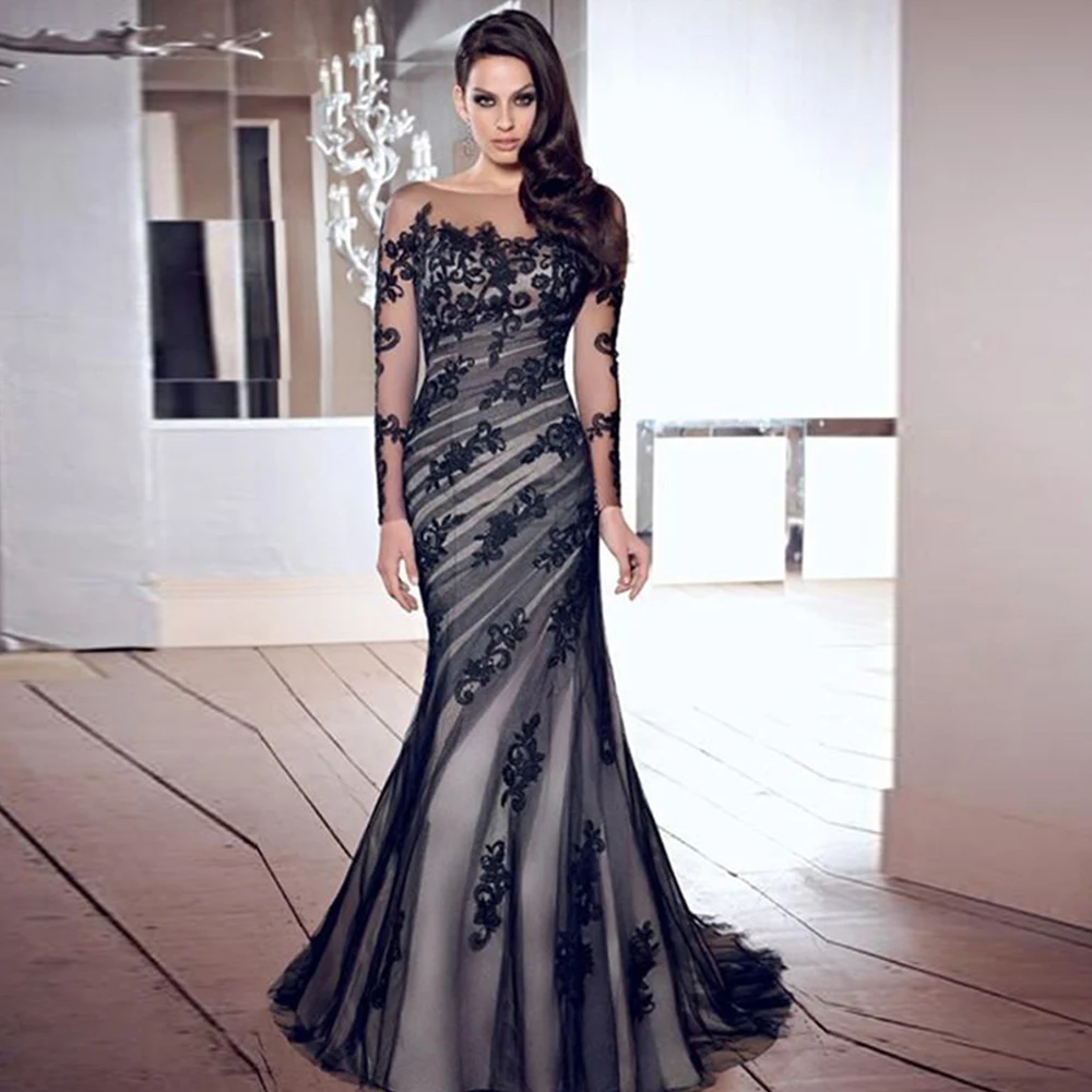 

Black O-Neck Mermaid Wedding Dress Tulle Long Sleeves Lace Appliques Zipper Back Sweep Train 2021 Bride Gowns Vestido De Noiva