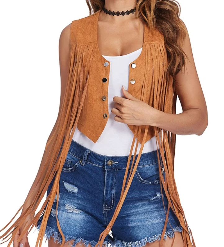 

Women Stylish Fringe Vest Faux Suede Tassels Hippie Clothes Open Front Sleeveless Short Cardigan Vest