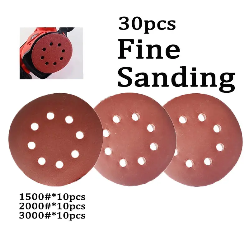 30Pcs 5Inch Fine Sadning Sandpaper 125mm Sanding Disk Set Hook & Loop Abrasive Sander Paper Use For Polishing Tools