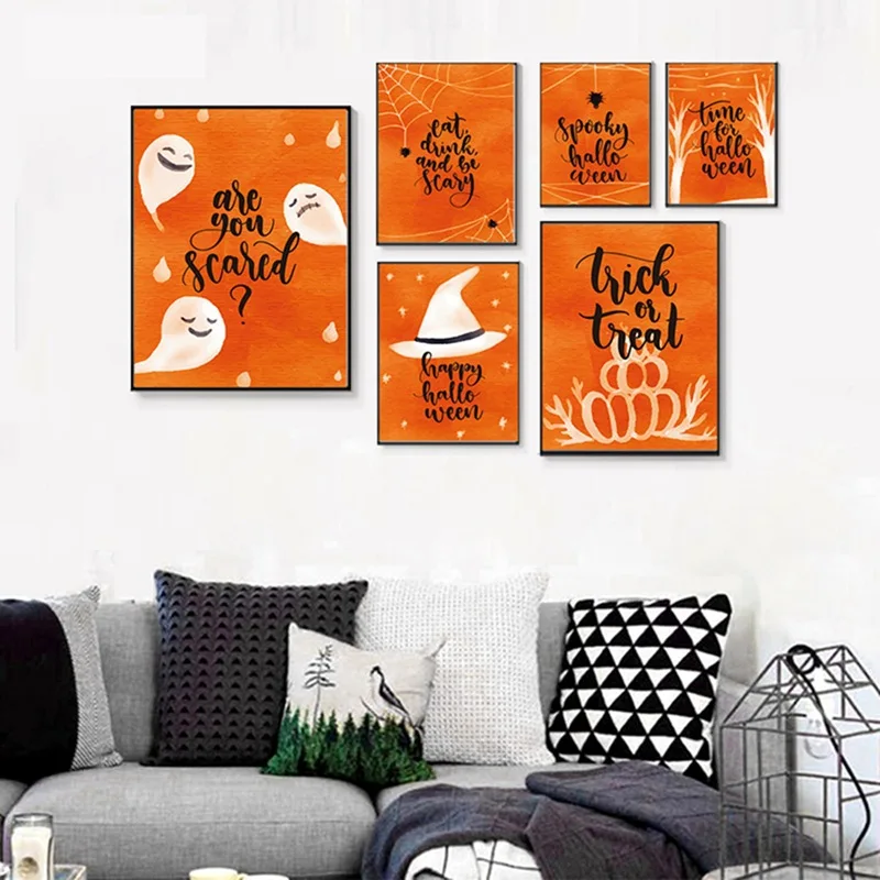 Картина на холсте с черными буквами оранжевыми тыквами | Дом и сад
