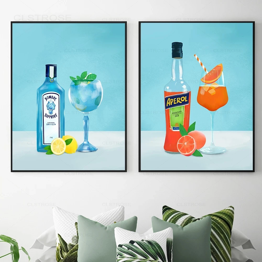 

Modern Blue Style Cocktails Poster and Print Aperol Spritz Gin Tonic Goblet Canvas Painting Kitchen Bar Wall Art Decor Pictures