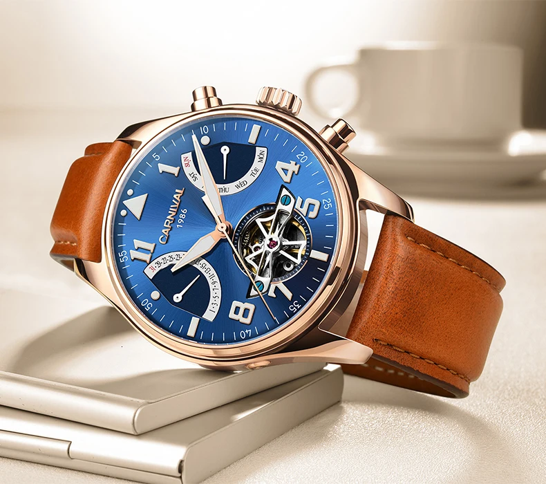 Tourbillon, мужские часы, розовое золото, чехол, синий циферблат, карнавал, автоматические часы, мужские, люксовый бренд, механические часы, Мода