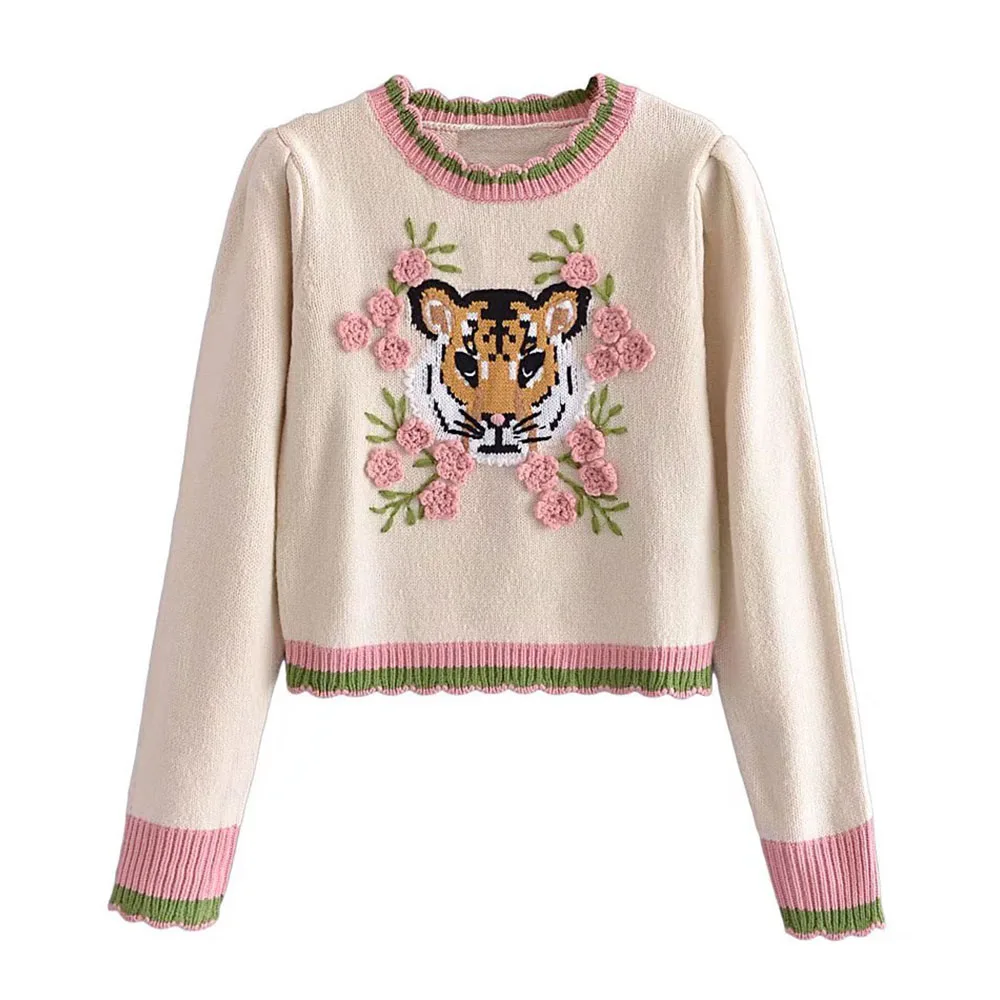 

Женский укороченный жаккардовый свитер с цветочной вышивкой и рисунком животных, весна-осень 2022