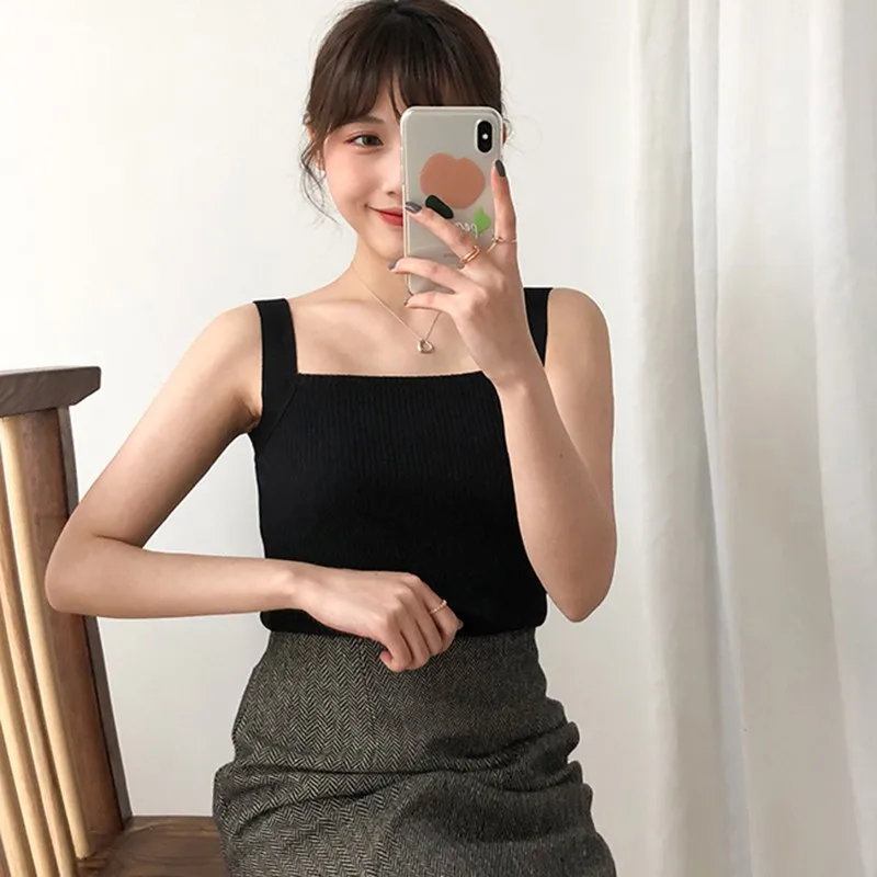 

2020 New Knitted Camisole Women's Square Collar Solid Sleeveless Crop Top Fashion Sexy Tank Tops