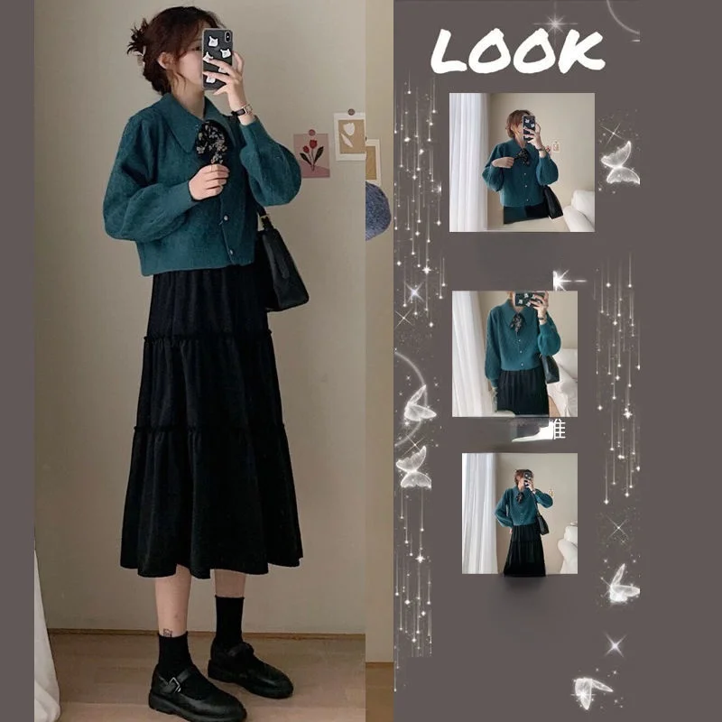 

2022 Autumn Winter Women's French Retro Suits Female Bow Sweater Cardigan Coats + Loose A-line Dress Ladies Two-piece Sets D25