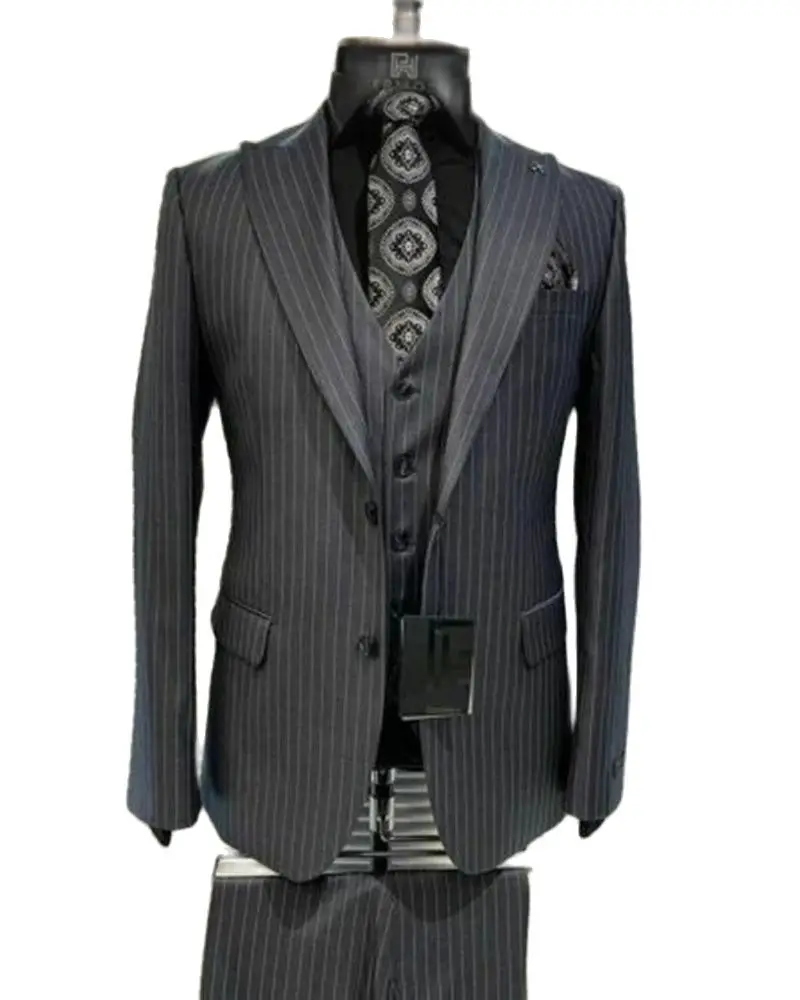 

New Arrival Custom Made Black Striped Peak Lapel 2 Buttons Slim Fit Men Suit 3 Pieces Formal Wedding Groom Causal Prom Wear